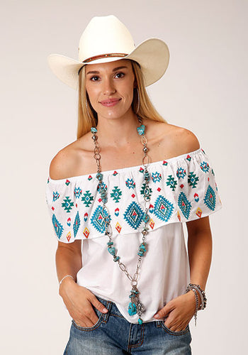 Pard's Western Shop Roper Apparel Women's White Southwest Embroidered Sleeveless Off Shoulder Top