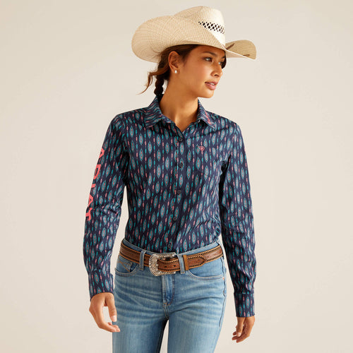 Pard's Western Shop Ariat Navy/Pink Geometric Print Team Kirby Stretch Button-Down Blouse for Women