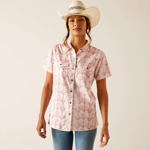 Pard's Western Shop Ariat Pink/White Brush Stroke Print Short Sleeve VentTek Button-Down Blouse for Women