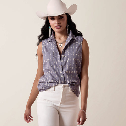 Ariat Women's Blue Granite Print Sleeveless Button-Down Billie Jean Blouse