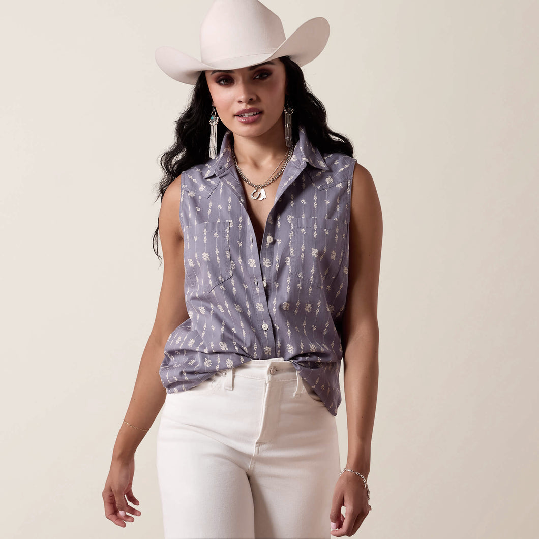 Ariat Women's Blue Granite Print Sleeveless Button-Down Billie Jean Blouse