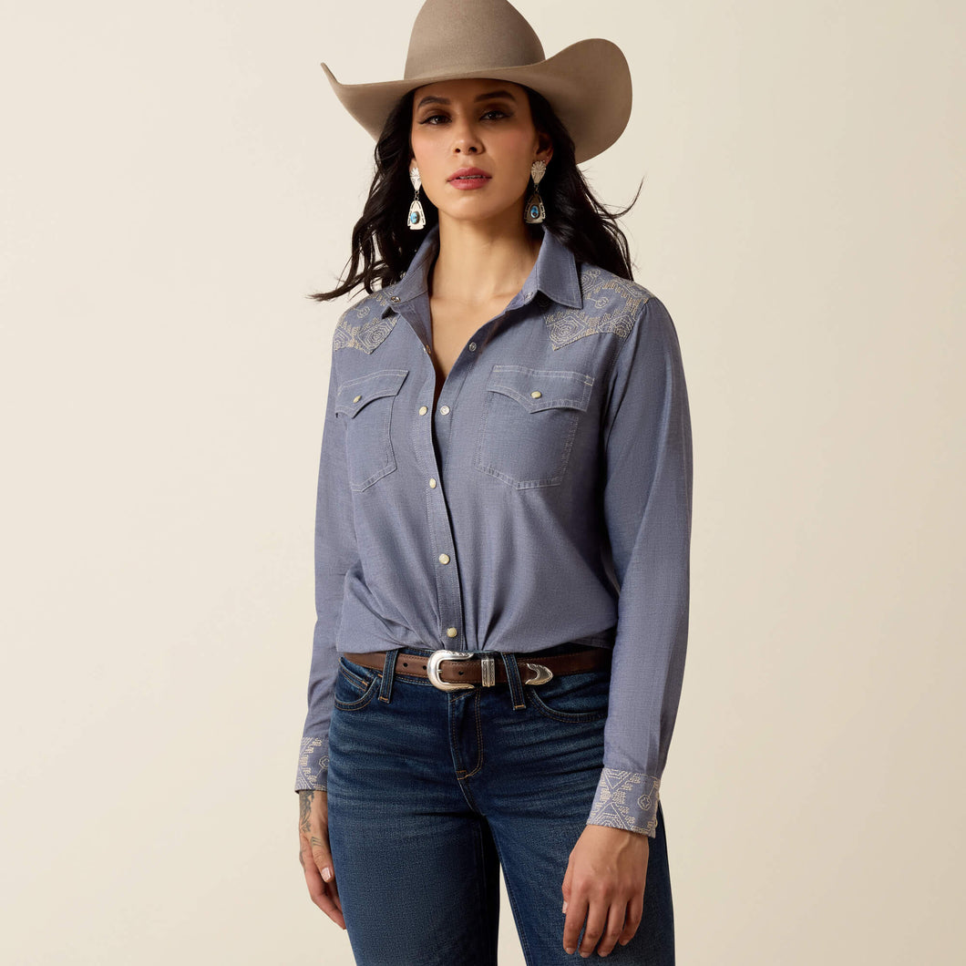 Pard's Western Shop Ariat Women's Blue Riverstone Embroidered Western Snap Blouse