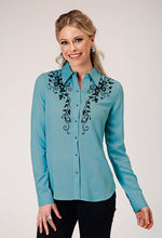 Pard's Western Shop Women's Roper Apparel Turquoise Snap Western Blouse with Black Floral Embroidery