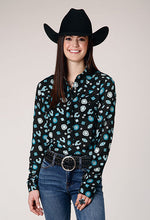Girls Roper Apparel Black Western Snap Blouse with Turquoise Western Jewelry Allover Print