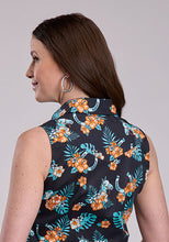 Roper Women's Black Horse/Horseshoes Hawiian Print Sleeveless Western Snap Blouse