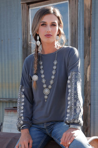 Pard's Western Shop Women's Charcoal Cruel Girl Knit Top with Aztec Embroidered Sleeves