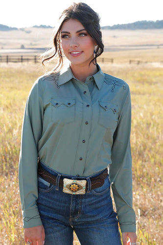 Pard's Western Shop Cruel Girl Solid Green Embroidered Snap Western Blouse for Women