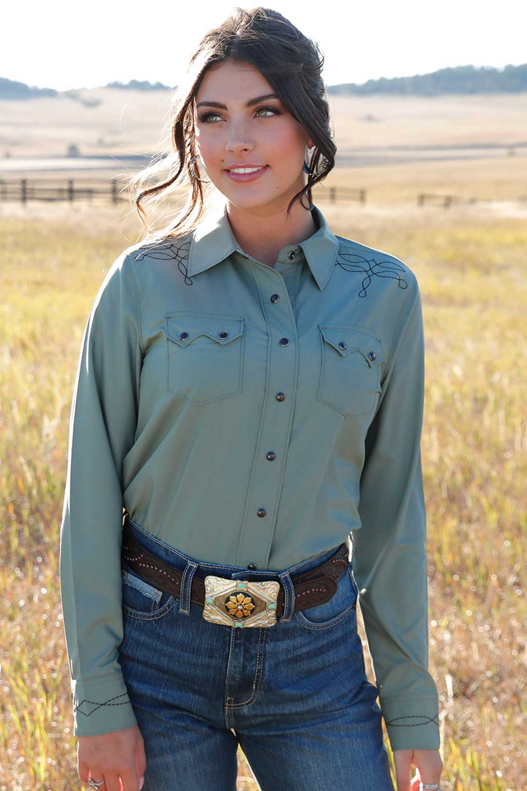 Cruel Girl Solid Green Embroidered Snap Western Blouse for Women Cruel Girl Solid Green Embroidered Snap Western Blouse for Women