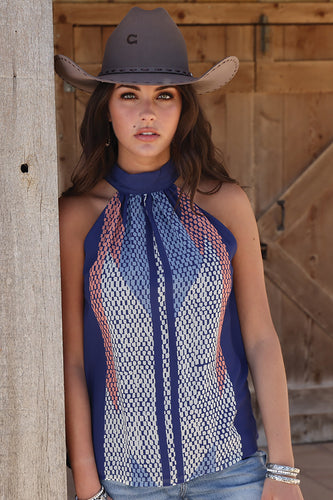 Pard's Western Shop Cruel Girl Women's Blue Print Sleeveless Tie Back Blouse