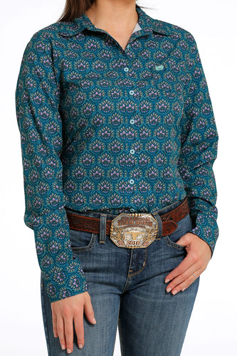 Pard's Western Shop Ladies Teal/Lilac Floral Print Cinch ArenaFlex Button-Down Blouse