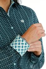 Women's Blue Diamond Print Button-Down Cinch Blouse