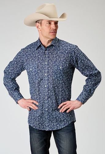 Pard's Western Shop Roper Apparel Men's Blue Ditsy Floral Print Western Snap Shirt