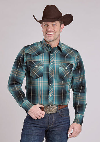 Pard's Western Shop Roper Apparel Men's Teal Plaid Western Snap Shirt