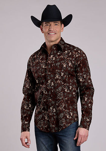 Pard's Western Shop Roper Apparel Men's Brown Paisley Print Western Snap Shirt