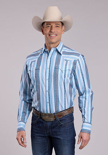 Pard's Western Shop Roper Apparel Men's Blue Vertical Stripe/Print Snap Western Shirt