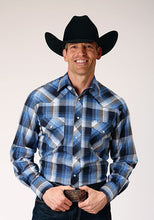 Pard's Western Shop Roper Apparel Blue/Black/White Plaid Snap Western Shirt for Men