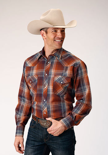 Pard's Western Shop Roper Apparel Brown/Rust/Navy Plaid Snap Western Shirt for Men