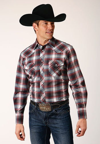 Pard's Western Shop Roper Men's Red/White/Black Plaid Snap Western Shirt for Men