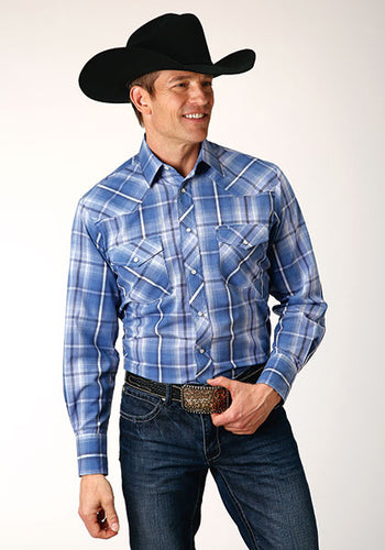 Pard's Western Shop Roper Men's Blue/White/Navy Plaid Western Snap Shirt
