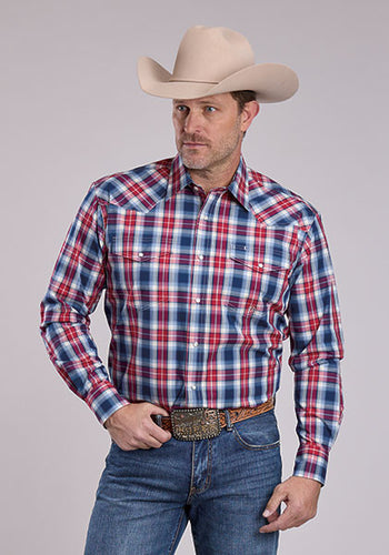Pard's Western Shop Roper Apparel Men's Amarillo Collection Red/White/Blue Plaid Snap Western Shirt