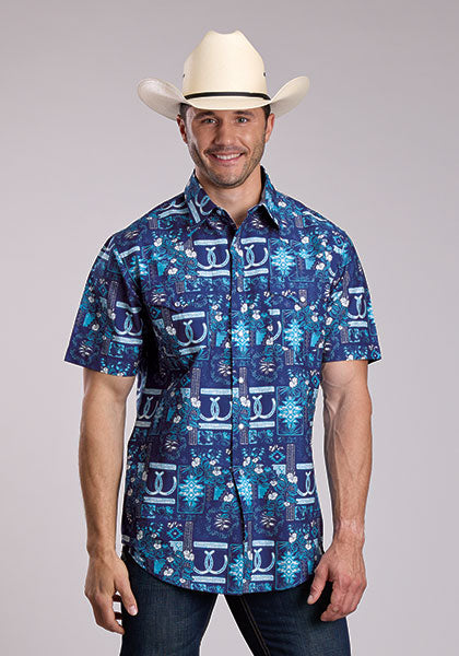 Roper Apparel Men's Blue Horseshoe Print Short Sleeve Western Snap Shirt