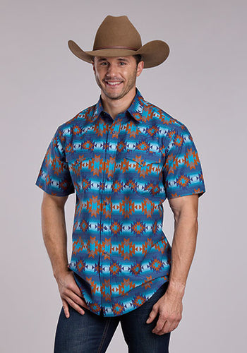 Pard's Western Shop Roper Men's Blue/Rust Aztec Print Short Sleeve Western Snap Shirt