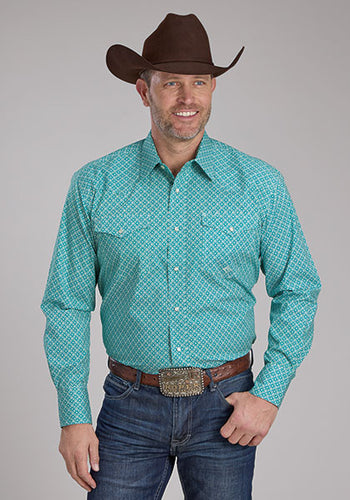 Pard's WEstern Shop Roper Apparel Men's Turquoise Diamond Print Western Snap Stretch Shirt