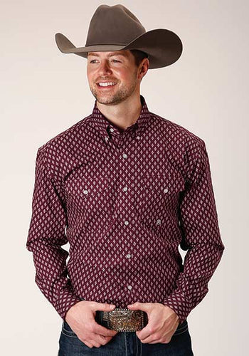 Pard's WEstern Shop Roper Apparel Men's Wine Diamond Print Button-Down Shirt