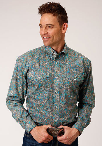 Pard's Western shop Roper Apparel Turquoise/Tan Paisley Print Button-Down Shirt for Men