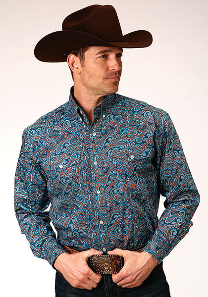 Pard's Western Shop Roper Apparel Blue/Red Paisley Print Button-Down Shirt for Men