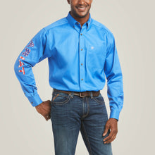 Pard's Western Shop Ariat Men's Solid Blue Team Classic Fit Button-Down Shirt with Stars/Stripes Logo