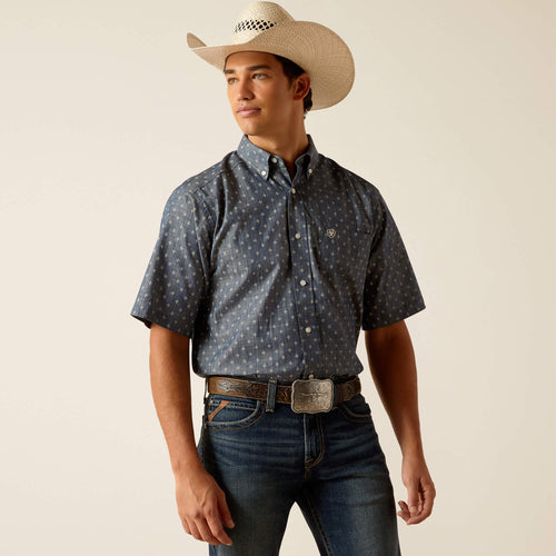 Pard's Western Shop Ariat Men's Kace Chambray Blue Print Short Sleeve Classic Fit Button-Down Shirt