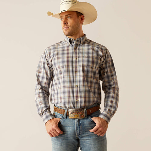 Pard's Western Shop Ariat Men's Pro Series Dash Navy/Tan Plaid Classic Fit Button-Down Shirt