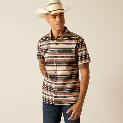 Pard's Western Shop Ariat Men's Murphy Brown Tan Aztec Stripe Print Modern Fit Short Sleeve Button-Down Stretch Shirt