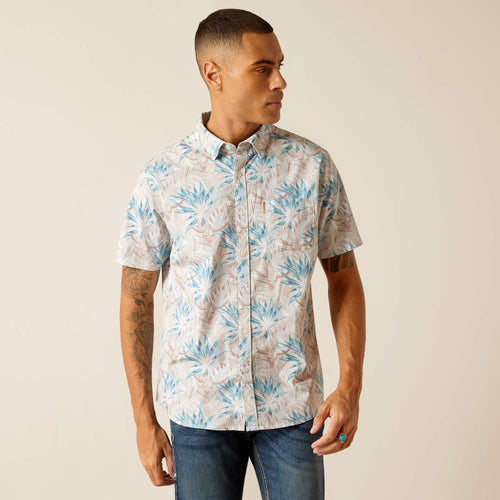Pard's Western Shop Ariat Men's Macklin Blue/Tan Tropic Steer Skull Print Modern Fit Short Sleeve Button-Down Stretch Shirt