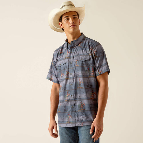 Pard's Western Shop Ariat Men's Ebony Grey Western Print VenTEK Button-Down Short Sleeve Fitted Shirt