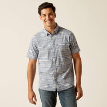 Pard's Western Shop Ariat Mack&nbsp; Chambray Blue Aztec Print Modern Fit Short Sleeve Button-Down Stretch Shirt for Men
