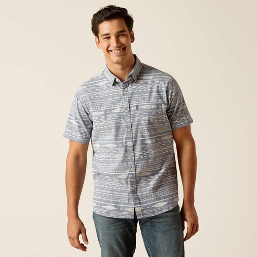 Pard's Western Shop Ariat Mack  Chambray Blue Aztec Print Modern Fit Short Sleeve Button-Down Stretch Shirt for Men