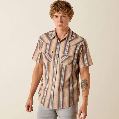 Pard's Western Shop Ariat Men's Retro Haver Copper Brown Stripe Fitted Western Snap Short Sleeve Shirt