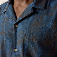 Ariat Men's Dark Denim Blue Cactus Print Short Sleeve Button-Down Fitted Camp Shirt