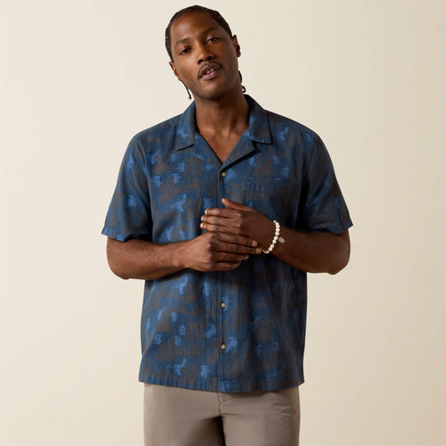 Pard's Western Shop Ariat Men's Dark Denim Blue Cactus Print Short Sleeve Button-Down Fitted Camp Shirt