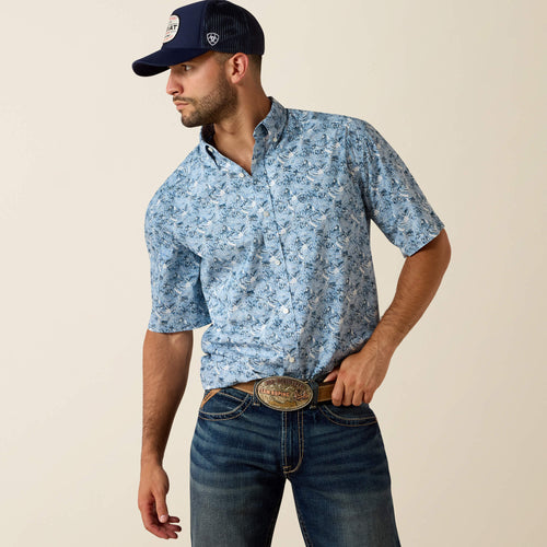 Pard's Western Shop Ariat Shadow Blue Leaf Print Tim Classic Fit Short Sleeve Button-Down Shirt for Men