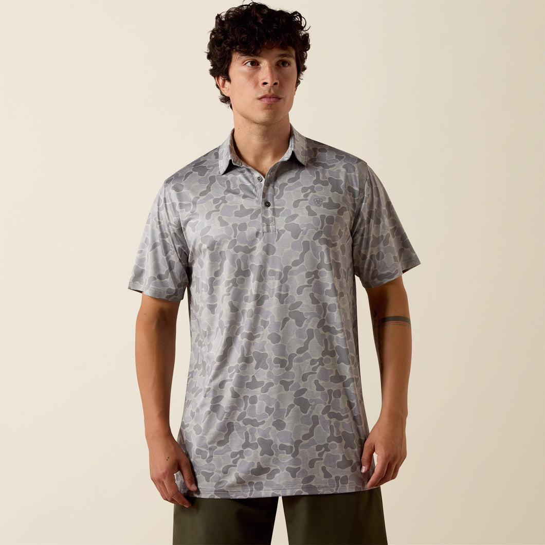 Pard's Western Shop Ariat Men's Grey Camo Print Climate TEK Fitted Polo Shirt
