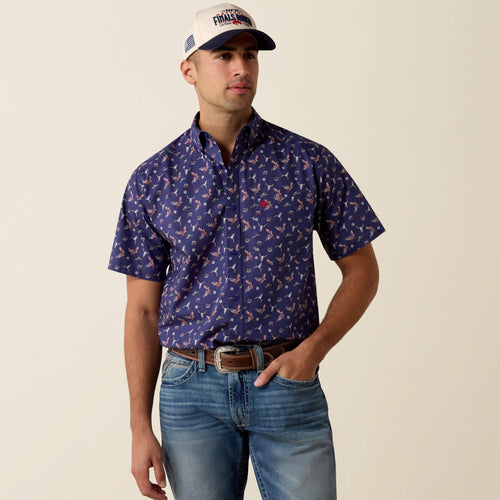 Pard's WEstern Shop Ariat Men's Patriot Blue Americana Print Short Sleeve Button-Down Fitted Shirt