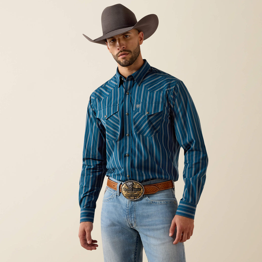 Pard's Western Shop Ariat Men's Wolfgang Blue Vertical Stripe Pro Series Classic Fit Snap Western Shirt