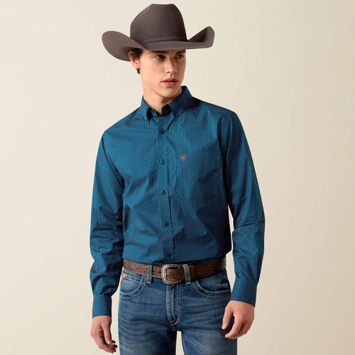 Pard's Western Shop Ariat Men's Claude Blue with Orange Micro Geometric Print Button-Down Fitted Shirt