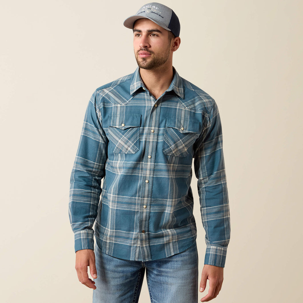 Pard's Western Shop Ariat Men's Retro Herron Blue Plaid Flannel Fitted Western Snap Shirt