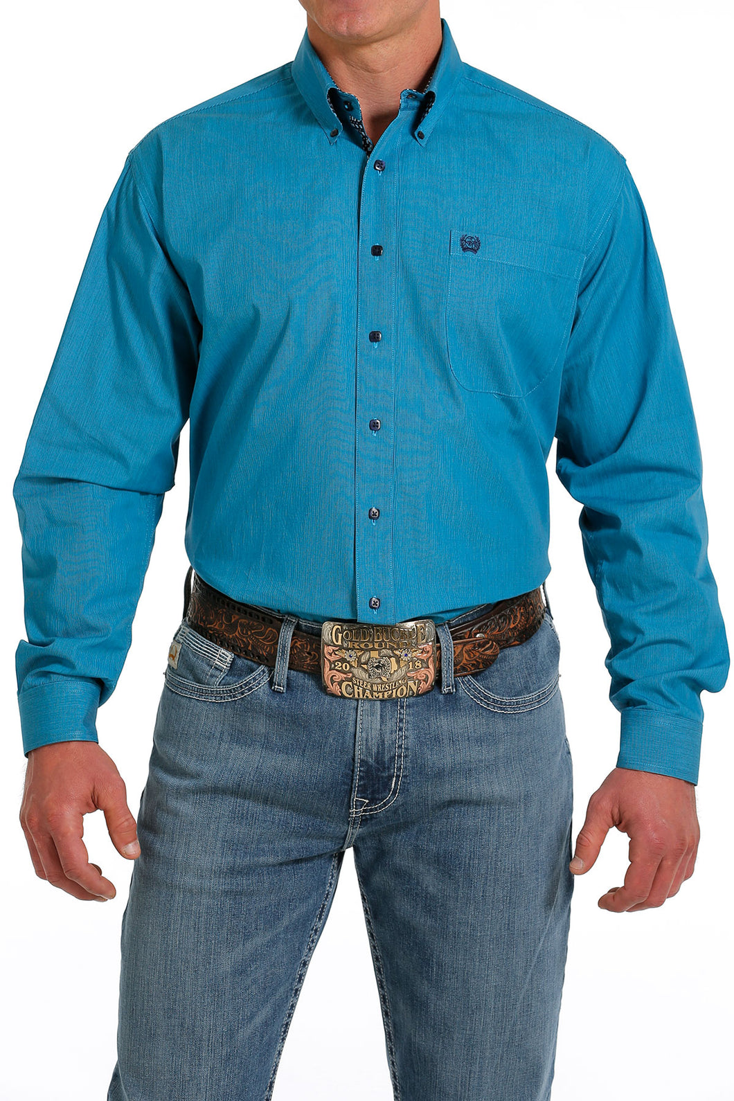 Pard's Western Shop Cinch Men's Turquoise with Navy Micro-stripe Button-Down Shirt