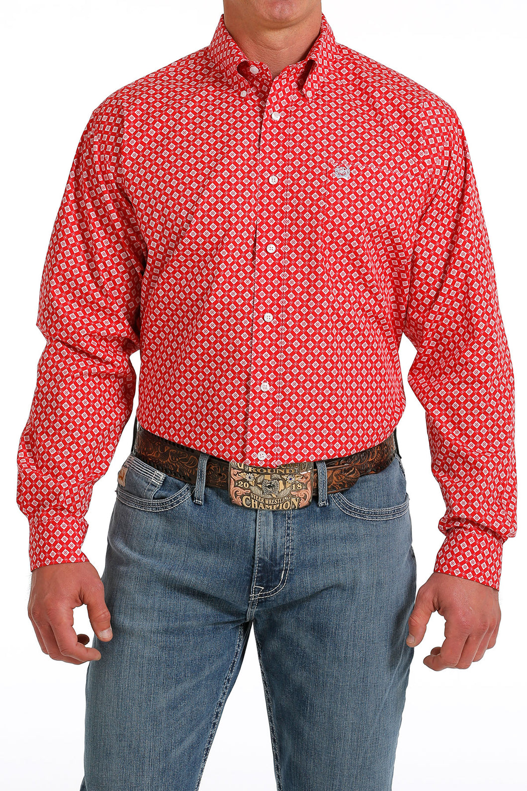Pard's Western Shop Cinch Men's Bright Red/White Diamond Print Button-Down Shirt