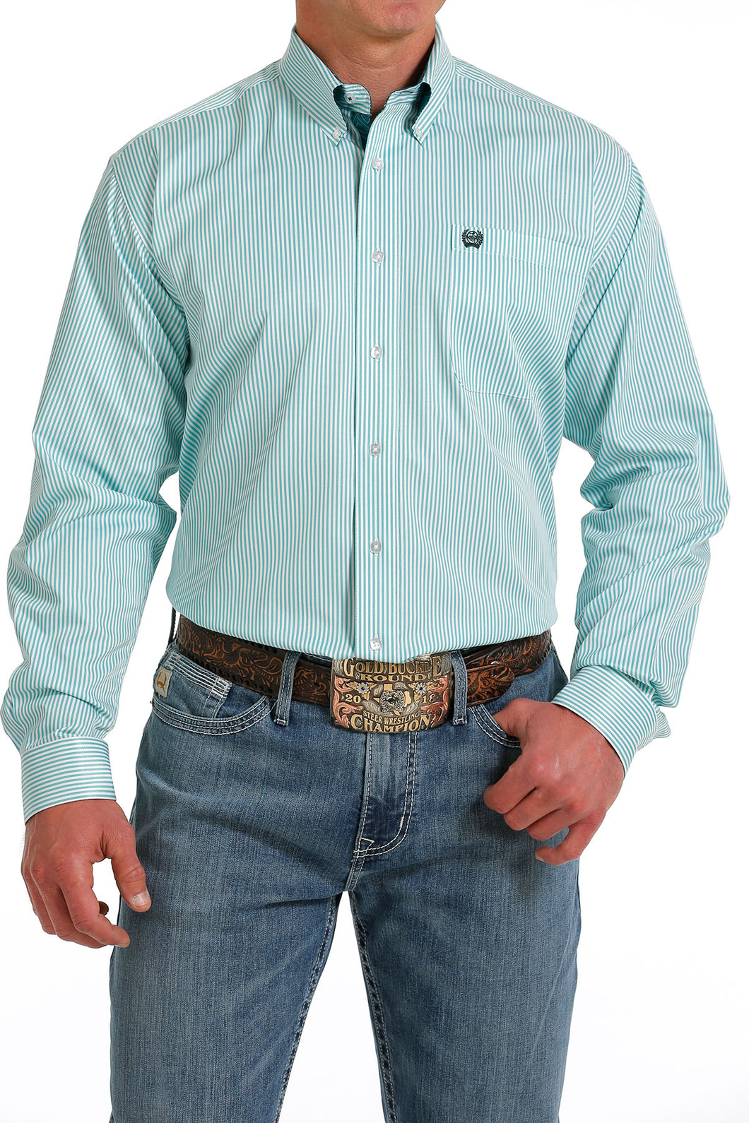Pard's Western Shop Men's Cinch Turquoise/White Micro Stripe TENCEL Button-Down Shirt